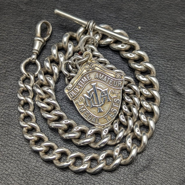 Around 1900 British Antique Pure Silver Thick Albert Chain 80g Medal Fob